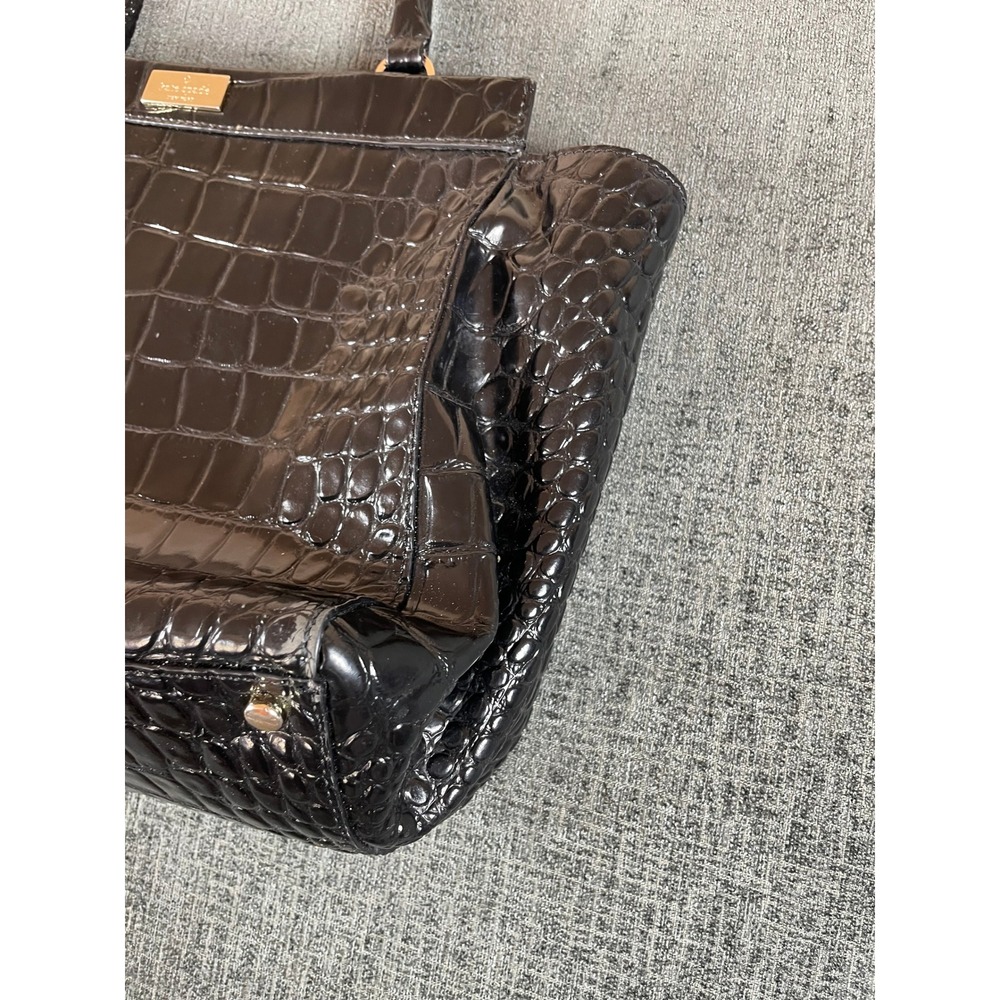 Kate Spade Black Croc Embossed Patent Leather Tote Bag Shoulder Purse Gold Logo - Picture 3 of 9
